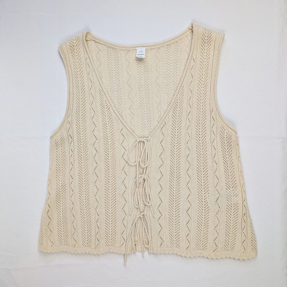 Old Navy Ivory Crochet Vest Boho Tie-Front Sweater Tank Top Size M